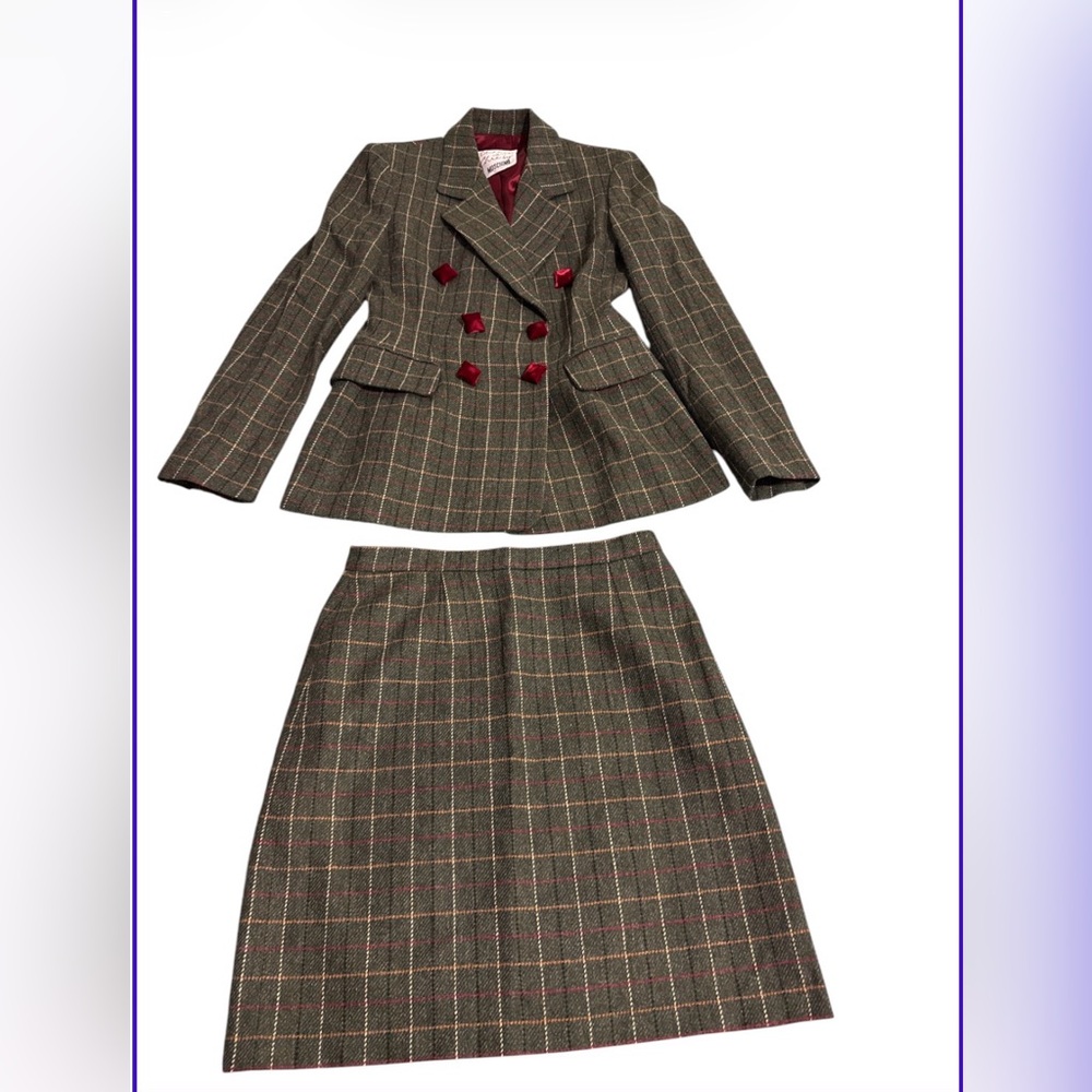 Moschino Brown Plaid Wool Double-Breasted Blazer & Skirt Set with Red Accents